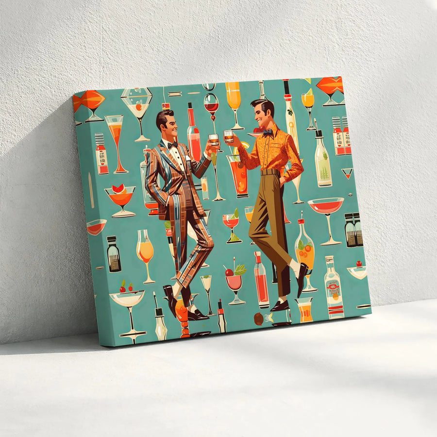 Retro Cocktail Party Canvas Wall Art | Mid Century Modern Men Toasting Print | Premium Fade-Resistant Gallery Wrap | Sophisticated Bar Decor Gift