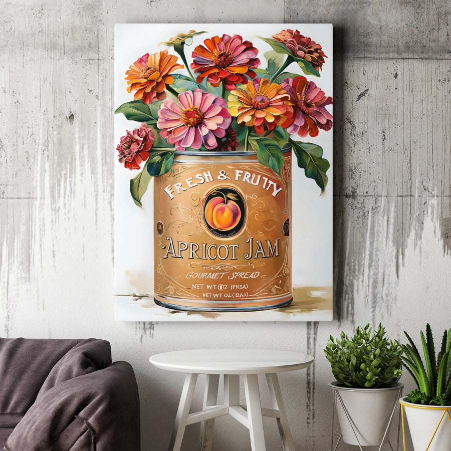 Vintage Apricot Jam Canvas Print | Rustic Floral Bouquet Wall Art | Premium Gallery Wrapped Canvas | Country Kitchen Decor Gift