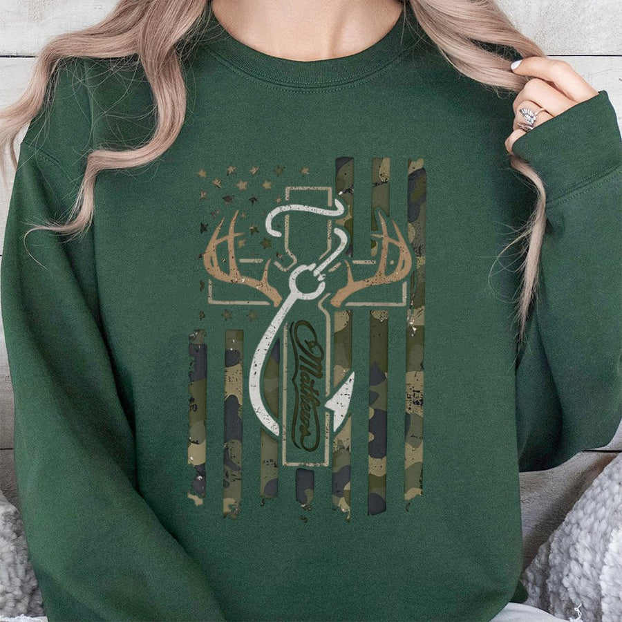 Camo Cross and Deer Antler Sweatshirt | Patriotic Hunting Graphic | Premium Cotton Blend | Gift for Hunter and Outdoorsman
