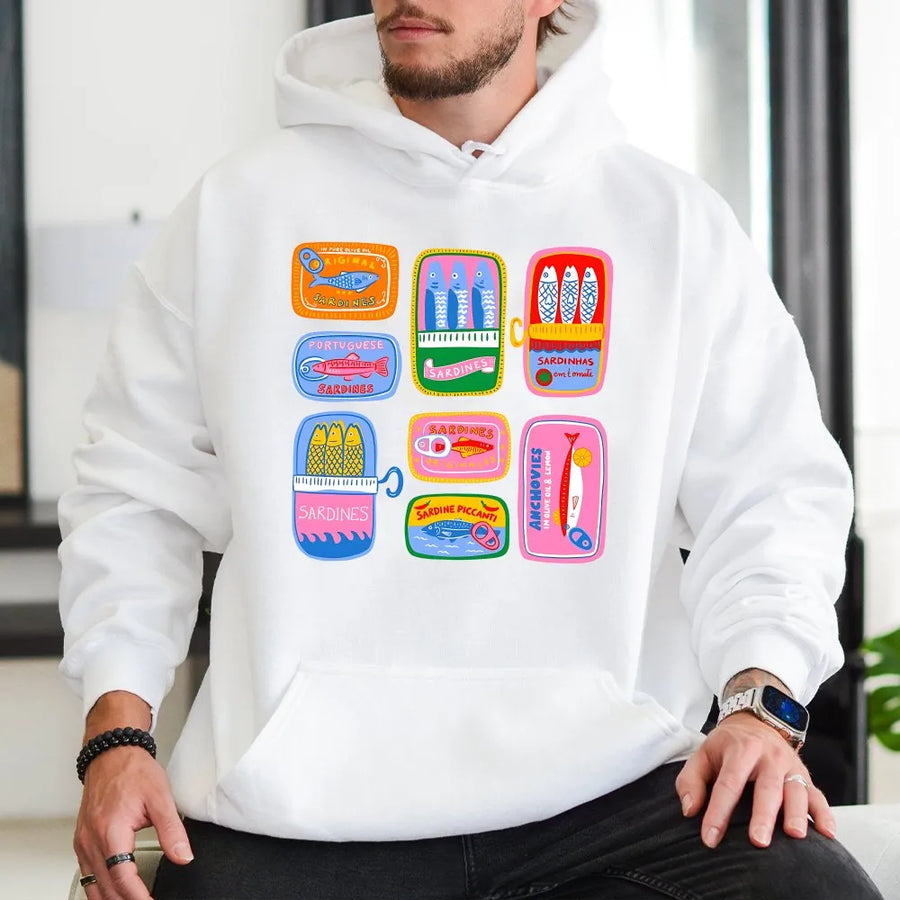 Tinned Fish Hoodie | Portuguese Sardine Can Art | Premium Cotton-Blend | Unique Preppy Foodie Gift