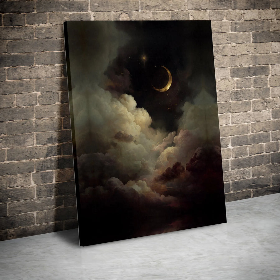 Crescent Moon Canvas Print | Moody Celestial Night Sky Painting | Premium Frameless Canvas | Gothic Home Decor Gift