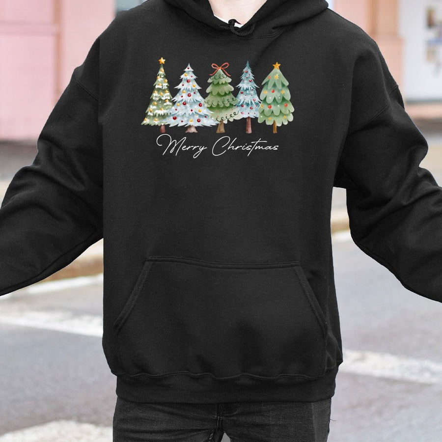 Christmas Tree Hoodie | Watercolor Forest Design | Premium Cotton-Poly Blend | Cozy Holiday Apparel Gift for Women and Men