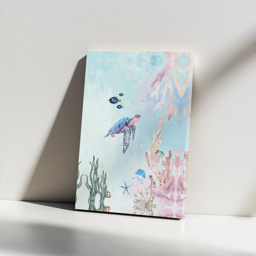 Sea Turtle Canvas Wall Art | Watercolor Ocean Reef Scene | Premium Gallery-Wrapped Print | Coastal Decor for Bathroom Nursery or Beach Home