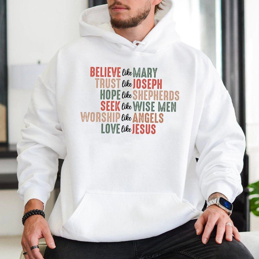 Believe Like Mary Christmas Hoodie | Retro Faith Based Typography Design | Premium Cotton-Poly Blend | Religious Gift for Christian Women and Men