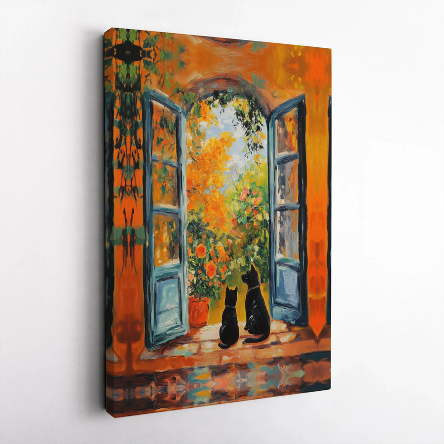 Black Cats Canvas Wall Art | Impressionist Garden Window Painting | Premium Gallery Wrapped Canvas | Modern Home Decor Gift for Cat Lover