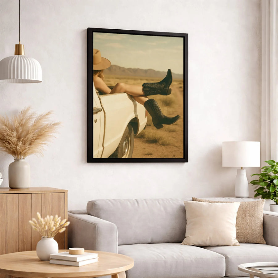 Western Cowgirl Canvas Wall Art | Vintage Desert Truck Aesthetic | Premium Fade-Resistant Print | Country Boho Home Decor Gift