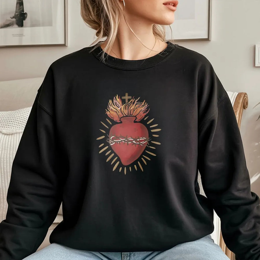 Sacred Heart Sweatshirt | Burning Heart Crown Of Thorns Graphic | Premium Cotton Blend | Religious Faith Gift For Him And Her