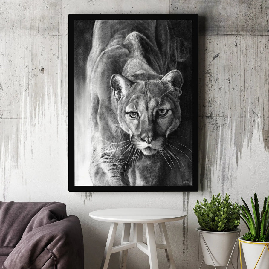 Mountain Lion Canvas Wall Art | Realistic Black and White Sketch Print | Premium Framed Gallery Canvas | Wildlife Lover Gift for Man Cave Decor