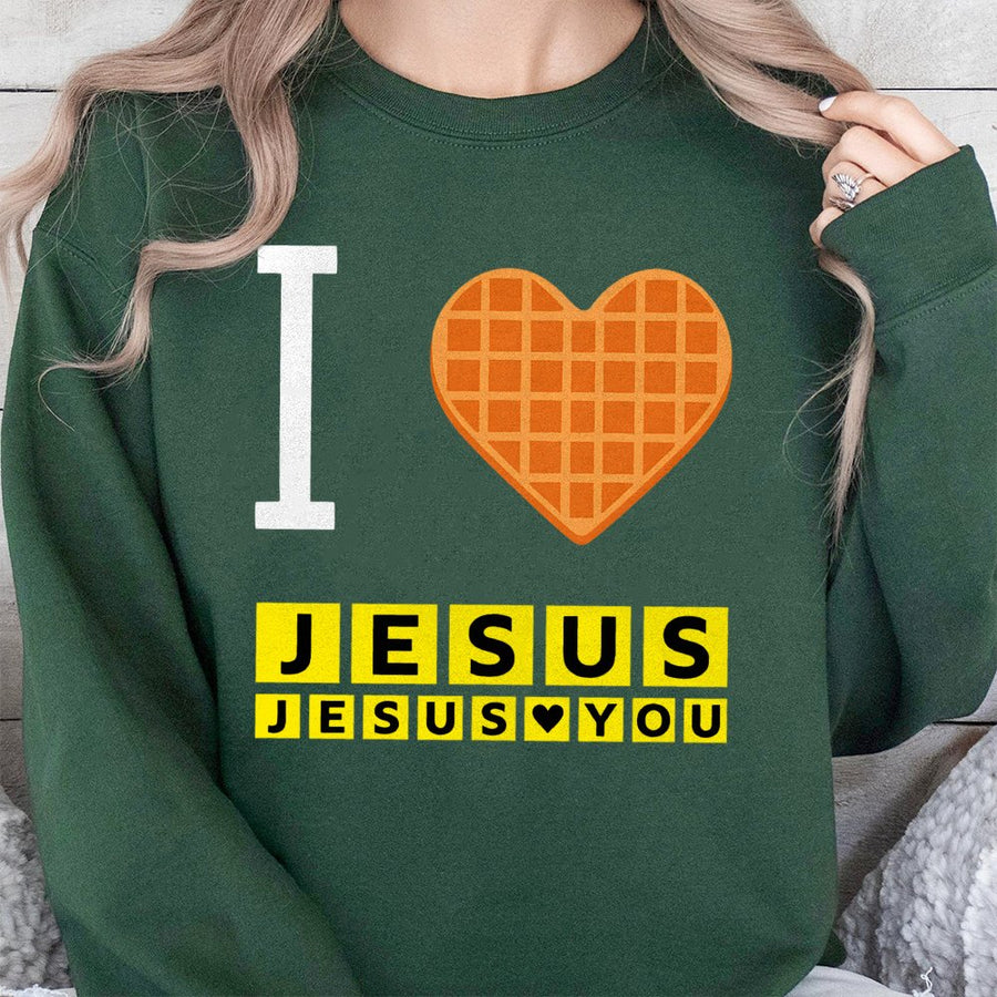 I Love Jesus Waffle Heart Sweatshirt | Funny Christian Breakfast Graphic | Soft Cotton Blend Unisex Top | Religious Gift for Men and Women