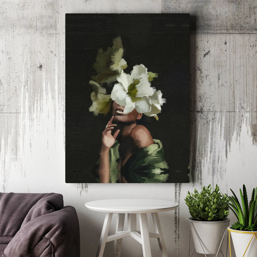 Black Woman Flower Portrait Canvas | Moody Floral Aesthetic Art | Premium Gallery Wrapped Print | Modern Minimalist Home Decor Gift