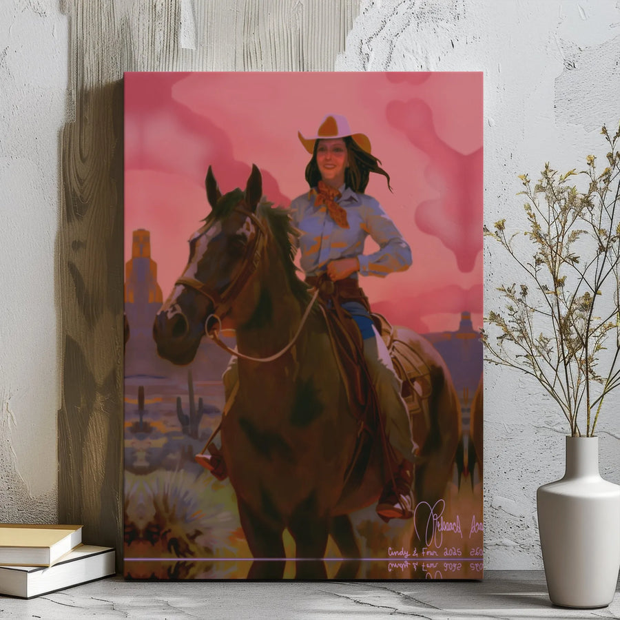 Cowgirl Horse Wall Art | Western Desert Sunset Painting | Premium Gallery Wrapped Canvas | Rustic Home Decor Gift for Cowgirl Lovers