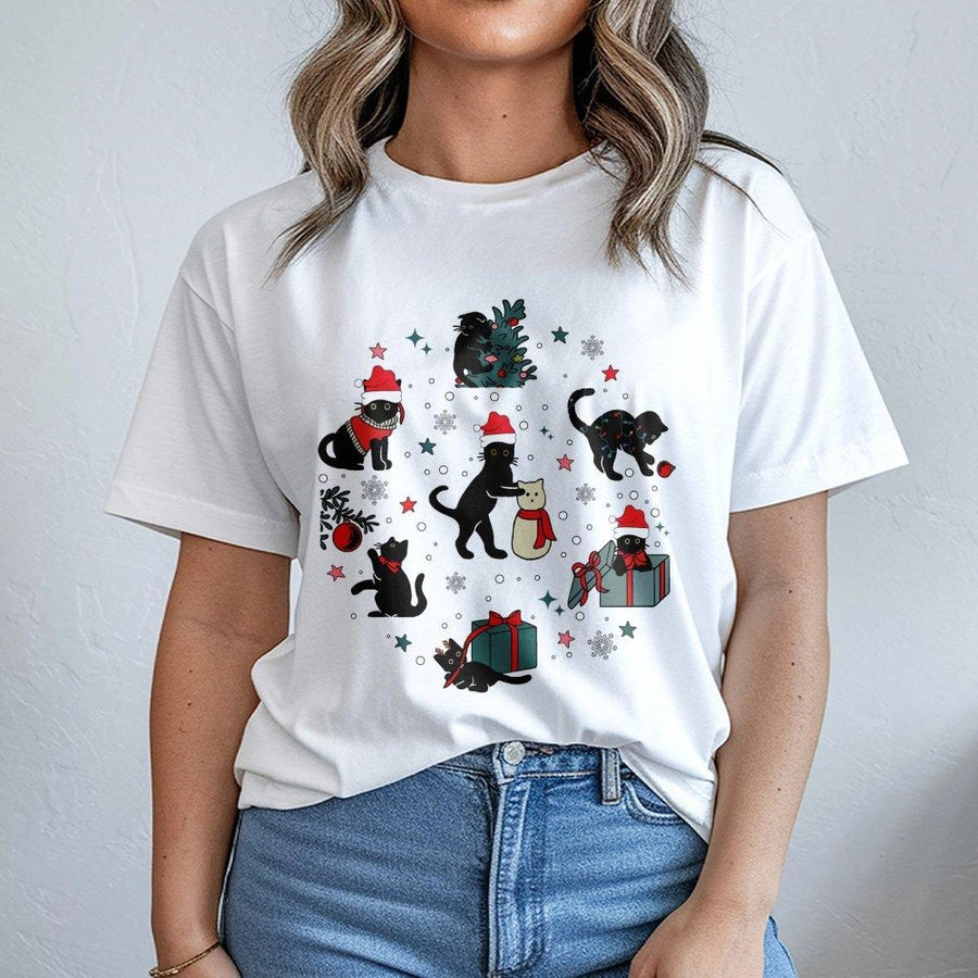 Black Cat Christmas T-Shirt | Cute Festive Kittens Design | Premium Soft Cotton | Holiday Gift For Cat Lovers