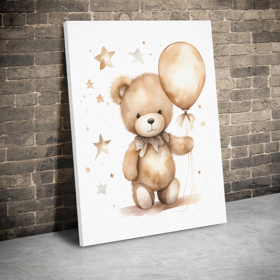 Watercolor Teddy Bear Canvas Art | Cute Nursery Wall Decor with Balloon and Stars | Premium 1.25 Inch Gallery Wrap | Whimsical Baby Shower Gift