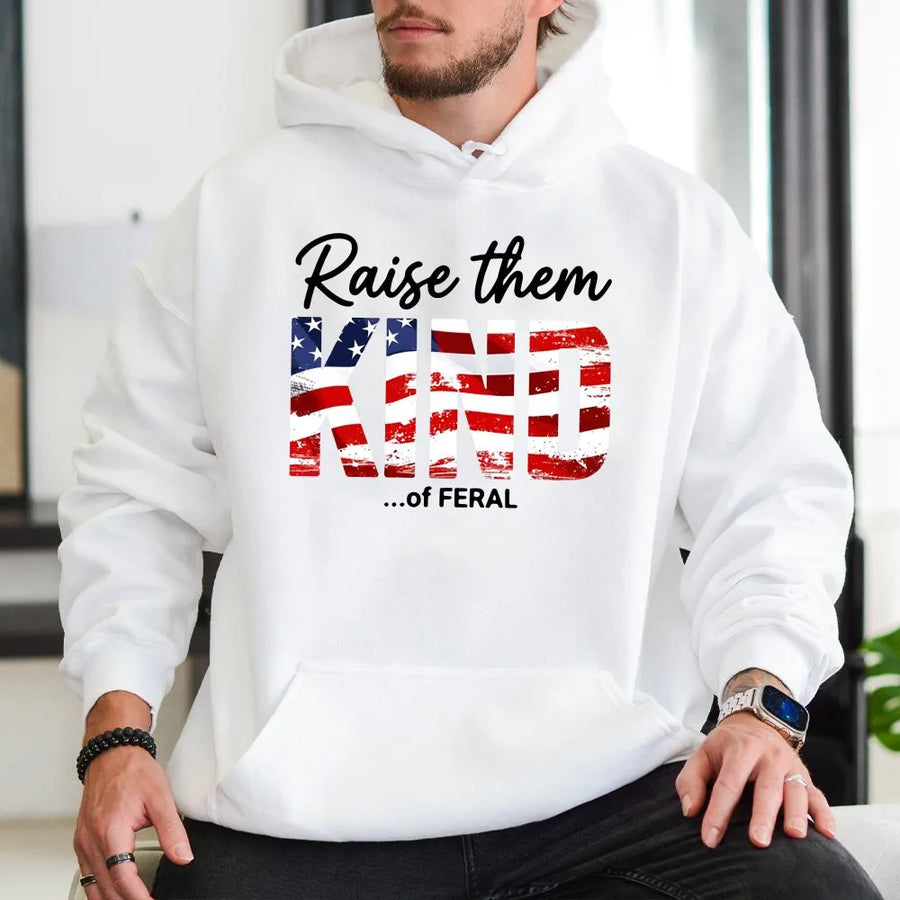 Patriotic Mom Shirt | Raise Them Kind Of Feral USA Flag Graphic | Premium Cotton Tee | Funny 4th of July Gift for Moms