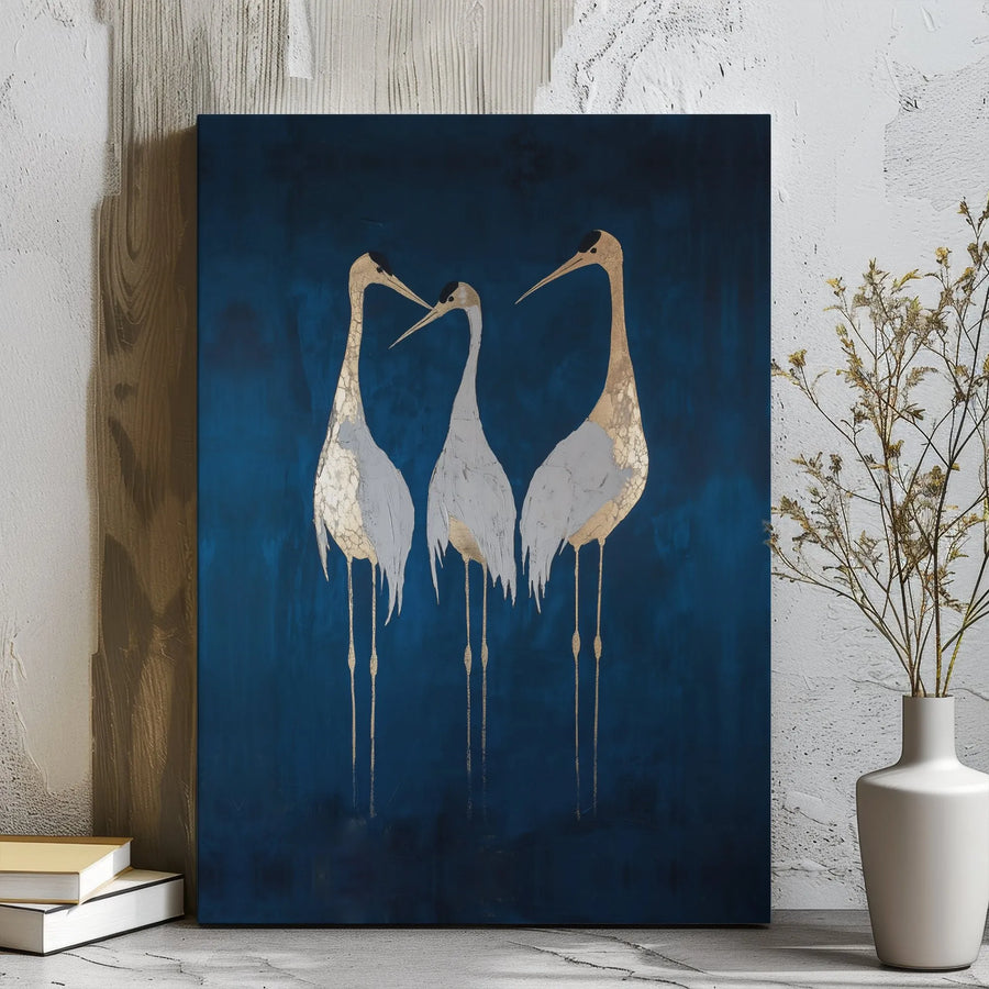 Crane Wall Art Canvas | Elegant Gold And Blue Bird Decor | Premium Gallery Wrap Print | Modern Minimalist Living Room Home Gift