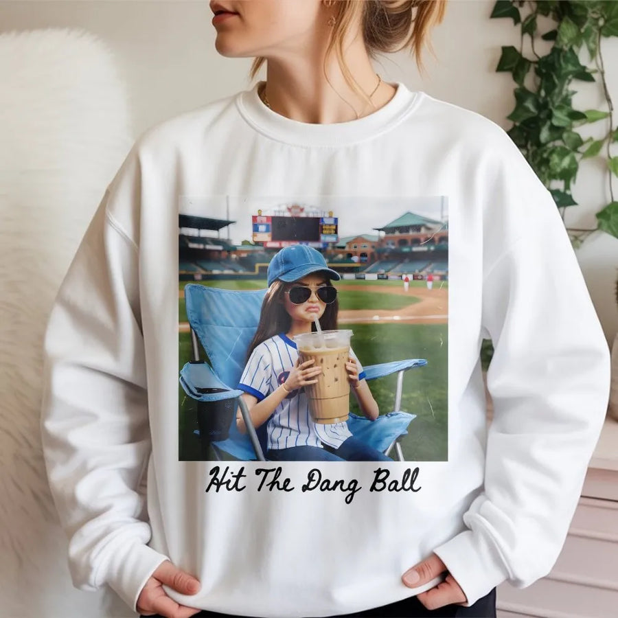 Funny Baseball Mom Sweatshirt | Hit The Dang Ball Graphic Tee with Doll Drinking Coffee | Soft Cotton Game Day Apparel | Gift For Softball Mama