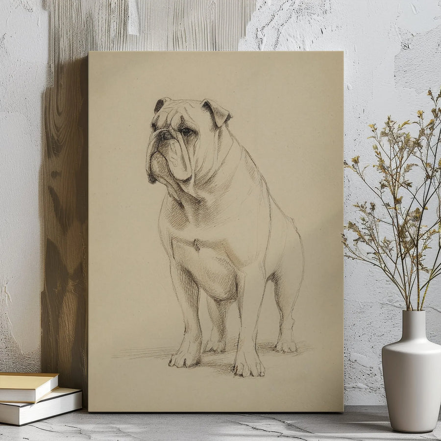 English Bulldog Wall Art | Vintage Pencil Sketch Dog Portrait | Premium Stretched Canvas Print | Gift for Dog Lovers and Pet Owners