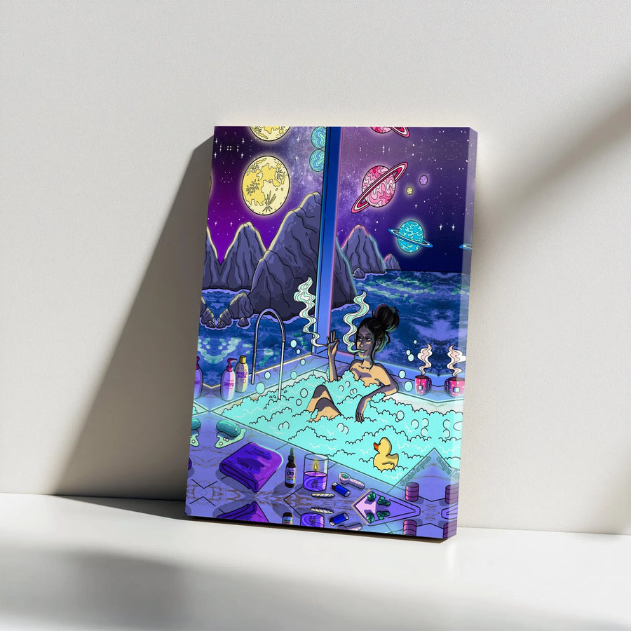 Psychedelic Space Bath Canvas Art | Surreal Cosmic Galaxy Bedroom Decor | Premium 1.25" Gallery Wrap | Trippy Aesthetic Gift for Stoner Room