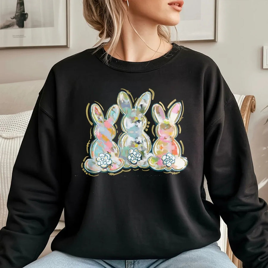 Easter Bunny Sweatshirt | Watercolor Brushstroke Trio Graphic | Soft Cotton Blend | Cute Spring Holiday Gift for Women & Teens