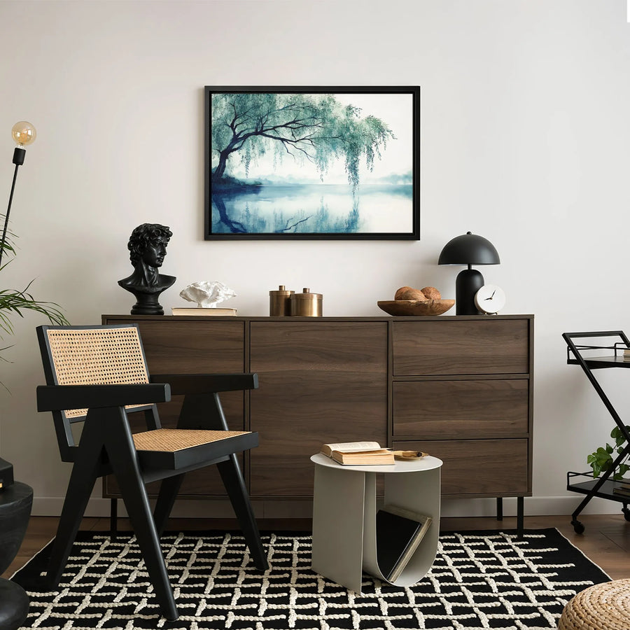 Weeping Willow Canvas Wall Art | Misty Lake Watercolor Painting | Premium Fade-Resistant Gallery Wrap | Serene Nature Home Decor Gift