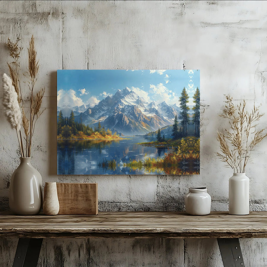 Mountain Lake Canvas Wall Art | Snowy Peaks Landscape Print | Premium Gallery Wrap Decor | Nature Lover Living Room Gift