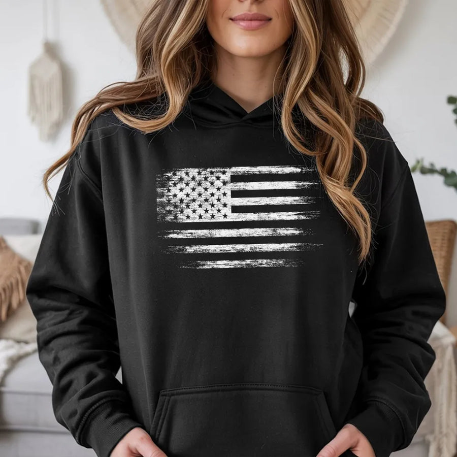 Distressed American Flag Hoodie | Patriotic USA Graphic Sweatshirt | Premium Cotton-Blend | Unisex Casual Gift for Patriots