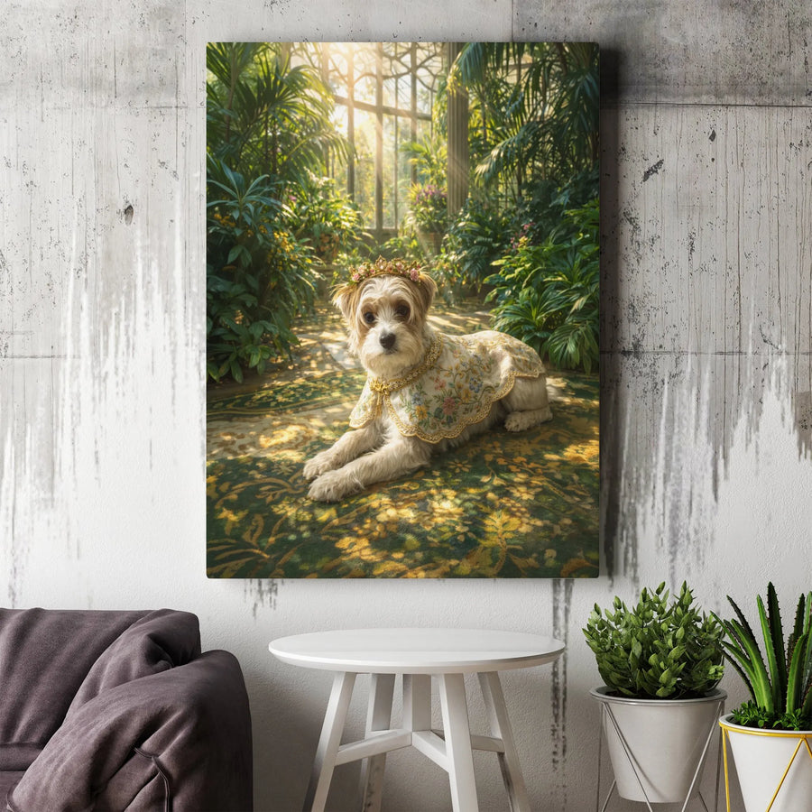 Regal Dog Canvas Wall Art | Whimsical Terrier Portrait in Flower Crown | Premium Gallery Wrapped Canvas | Gift for Dog Lover, Dog Mom