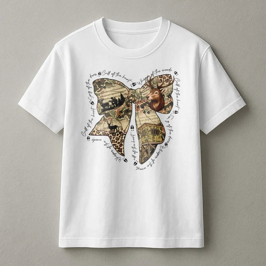 Hunting Bow Graphic T-Shirt | Camo Deer Print Coquette Aesthetic | Premium Soft Cotton Tee | Outdoorsy Gift for Women Hunters