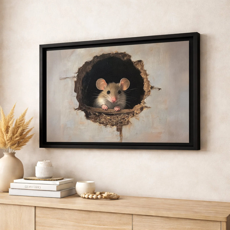 Cute Mouse In Wall Canvas Print | Whimsical Animal Peeking Hole Art | Premium Gallery-Wrapped Wall Decor | Unique Nursery & Office Gift