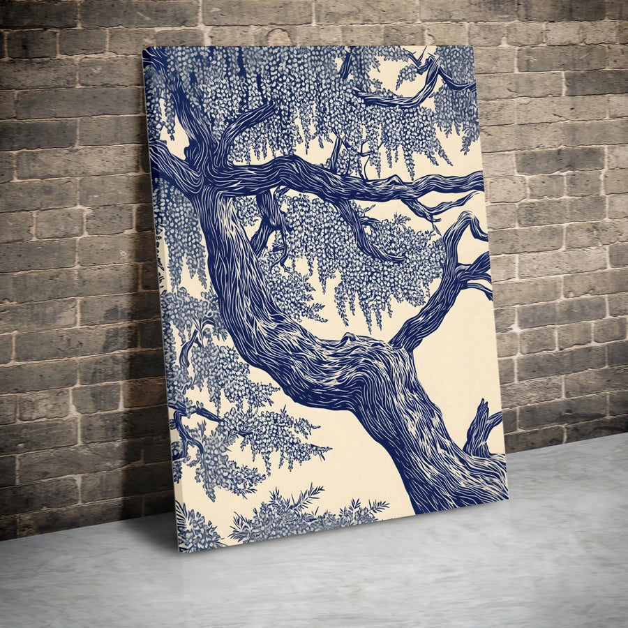 Blue Wisteria Tree Canvas Print | Botanical Linocut Wall Art | Premium Fade-Resistant Gallery Wrap | Modern Home Decor Gift