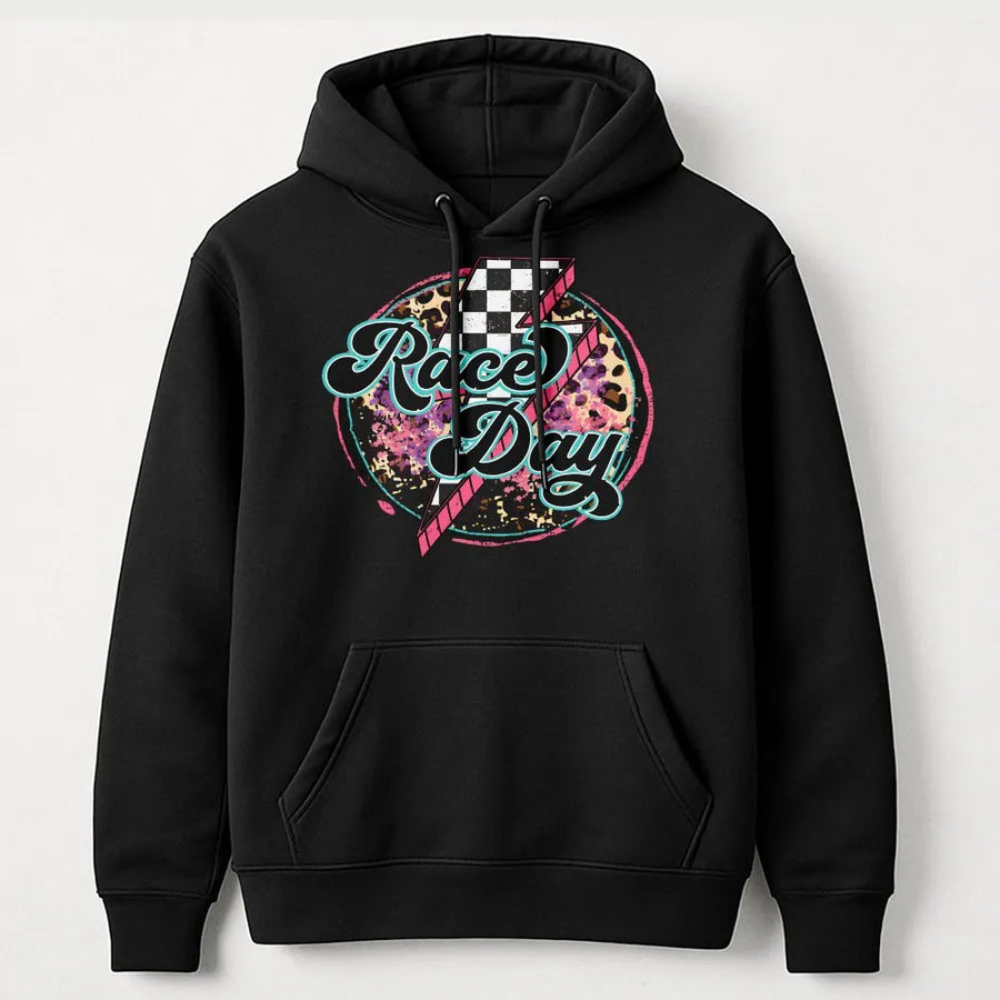 Race Day Hoodie | Retro Leopard Print & Checkered Lightning Graphic | Soft 100% Cotton Tee | Motorsport Fan Gift for Women