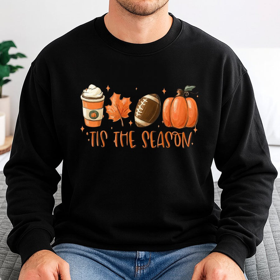 Tis The Season Fall Sweatshirt | Pumpkin Spice Coffee Football Graphic | Premium Cotton Blend | Cozy Autumn Apparel Gift For Her