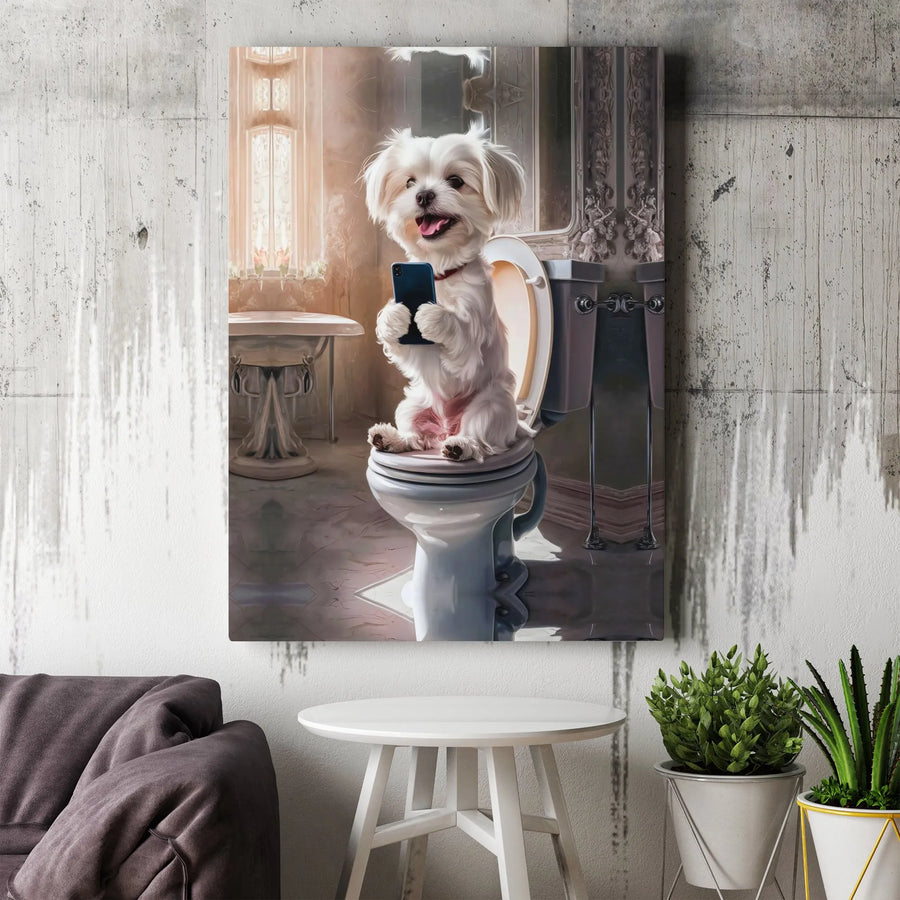Funny Maltese Dog Wall Art | Bathroom Humorous Puppy On Toilet | Premium Gallery Wrapped Canvas | Whimsical Pet Lover Gift