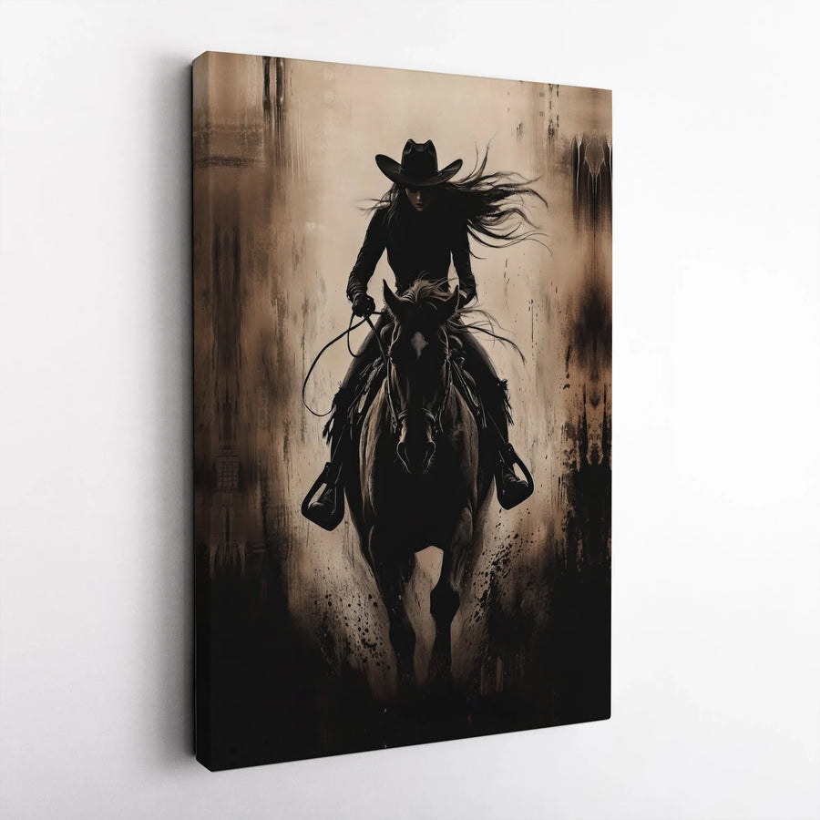 Cowgirl Canvas Wall Art | Moody Abstract Western Rider | Premium Gallery Wrapped Canvas | Rustic Farmhouse Decor Gift for Her
