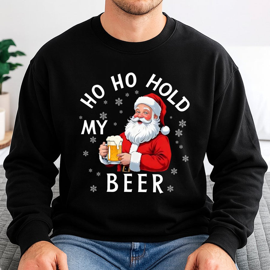 Ho Ho Hold My Beer Sweatshirt | Funny Santa Claus Drinking Graphic | Unisex Premium Cotton Blend | Holiday Party Gift For Men And Women