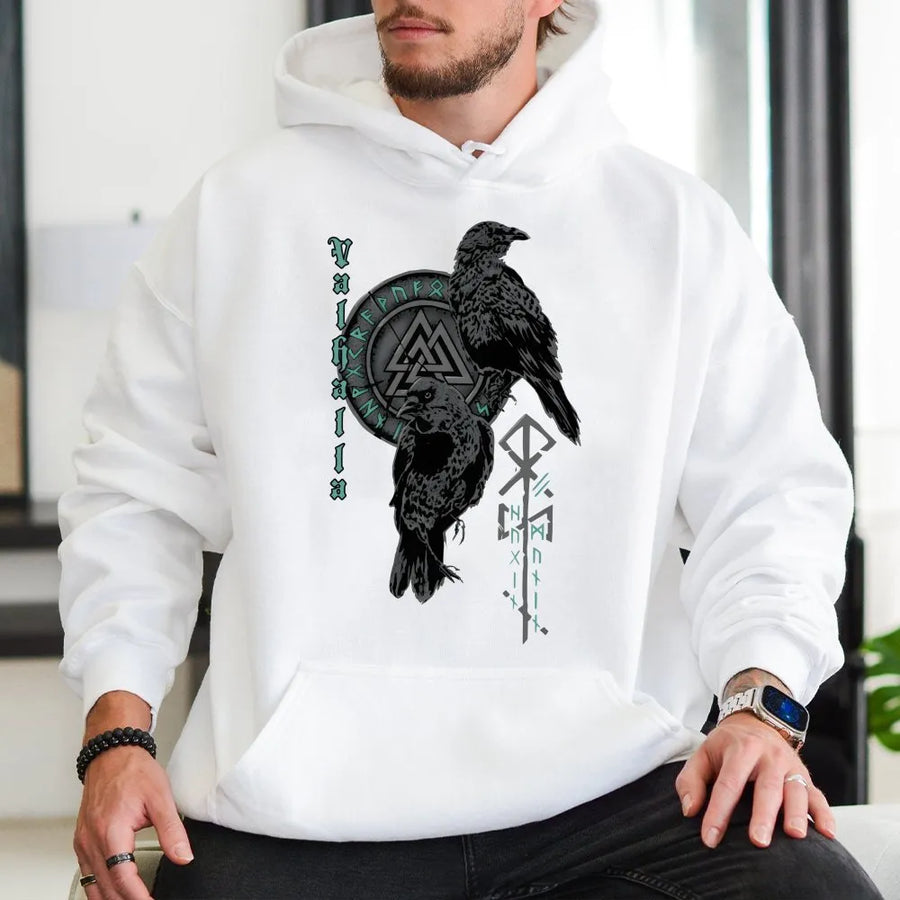Viking Raven Hoodie | Norse Mythology Valhalla Runes Design | Premium Cotton Blend | Gift For Norse Pagan And History Lovers