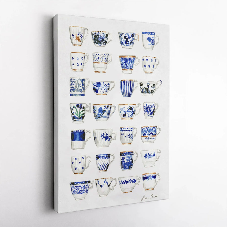 Chinoiserie Teacup Canvas Wall Art | Blue & White Watercolor Porcelain Pattern | Premium Gallery Print | Kitchen & Dining Room Decor Gift for Tea Lover