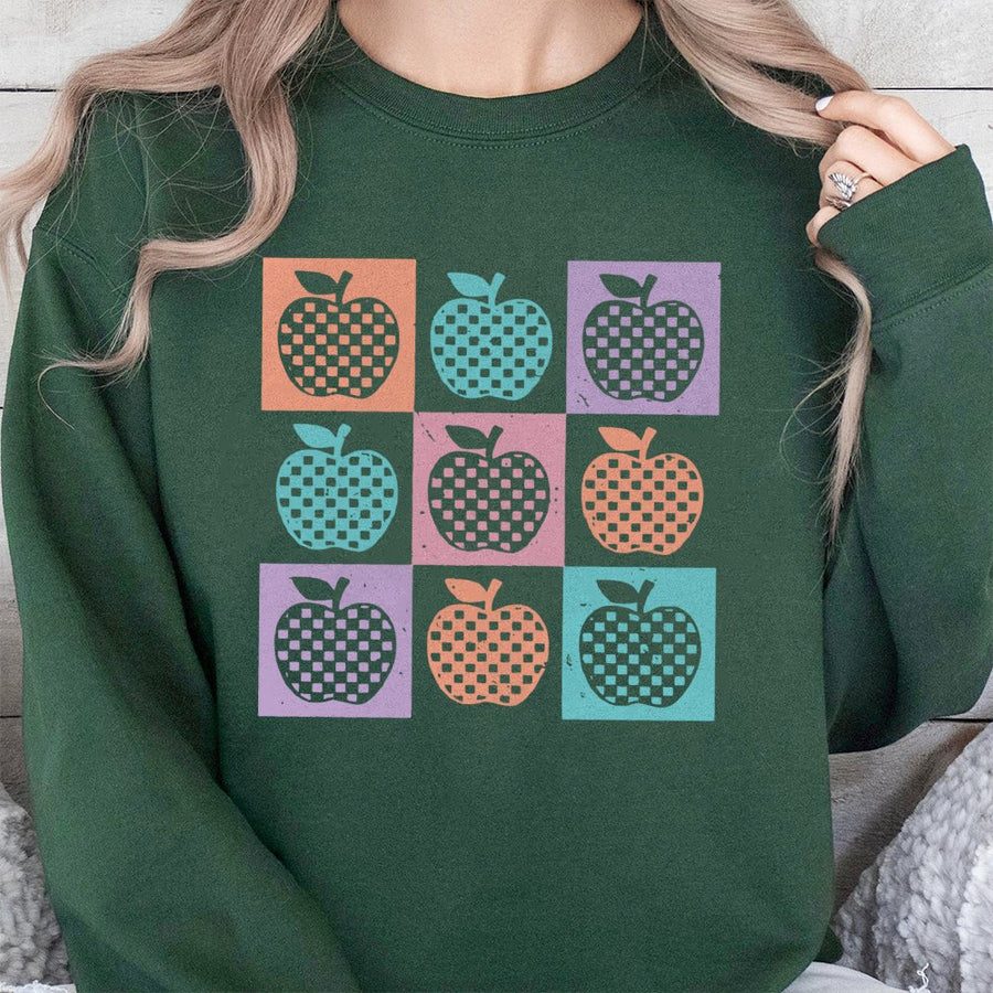 Retro Apple Teacher Sweatshirt | Checkered Pattern Graphic Design | Premium Cotton Polyester Blend | Cute Back To School Gift For Educators
