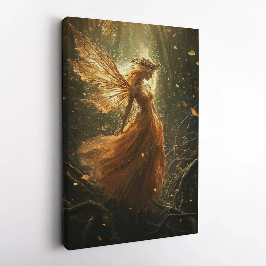 Golden Fairy Canvas Wall Art | Enchanted Autumn Forest Fantasy Print | Premium Gallery Wrapped Decor | Whimsical Gift For Fantasy Lovers