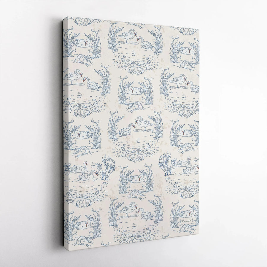 Swan Lake Toile Canvas Wall Art | Blue and White Botanical Print | Premium Gallery Wrapped 1.25" Profile | Elegant Home Decor for Living Room