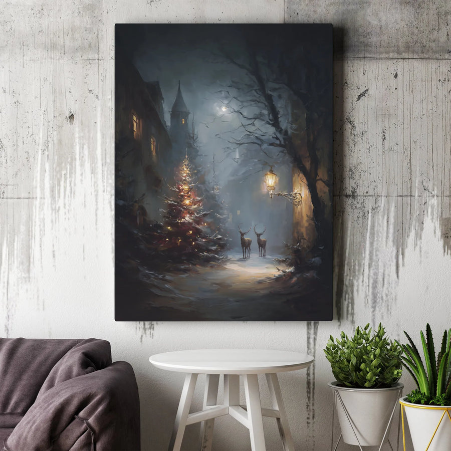 Winter Christmas Canvas Wall Art | Snowy Forest Deer & Streetlamp Decor | Premium 1.25-Inch Gallery Wrap | Festive Holiday Home Gift