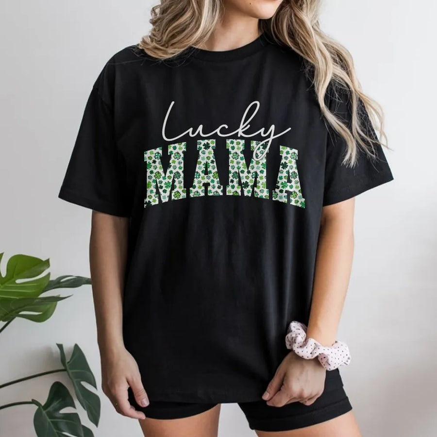 Lucky Mama T-Shirt | St. Patrick's Day Shamrock Graphic Tee | 100% Premium Cotton | Cute Matching Gift for Moms and New Mothers