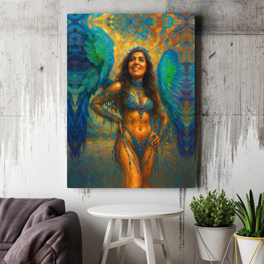 Carnival Angel Canvas Wall Art | Impressionist Woman with Blue Wings | Premium Gallery Wrap Print | Vibrant Spiritual Home Decor Gift