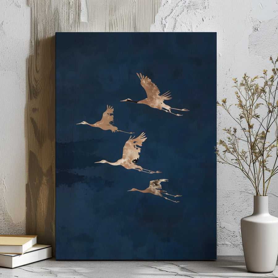 Flying Crane Wall Art | Gold Foil Style Minimalist Birds | Gallery Wrapped Canvas Decor | Luxury Home & Office Interior Accent