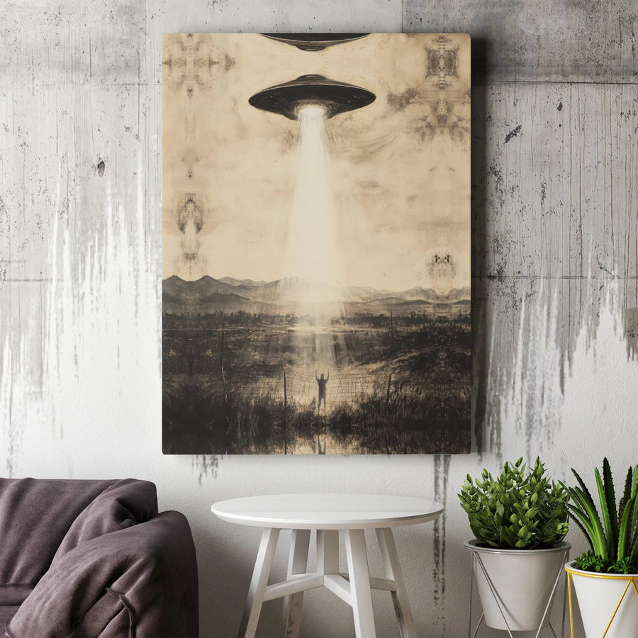 UFO Abduction Canvas Wall Art | Vintage Alien Spaceship Beam Poster | Premium Gallery Wrap Decor | Sci-Fi Collector's Gift for Home Office