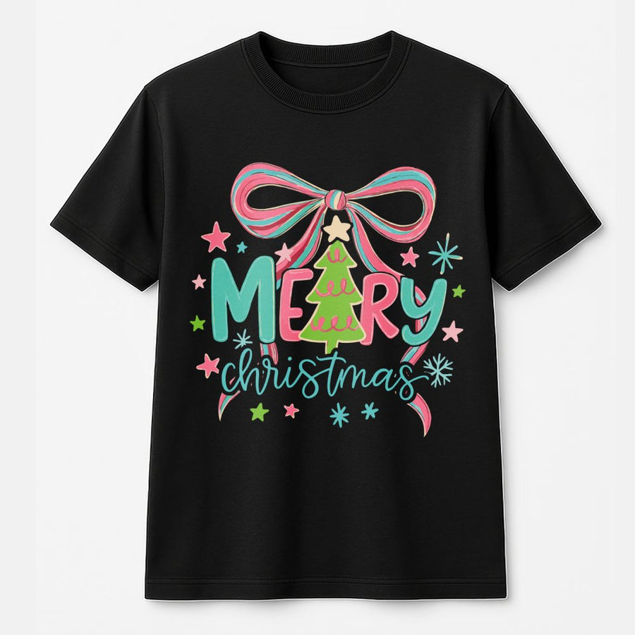 Merry Christmas T-Shirt | Pastel Bow & Holiday Tree Graphic | 100% Cotton Premium Tee | Cute Festive Gift for Her