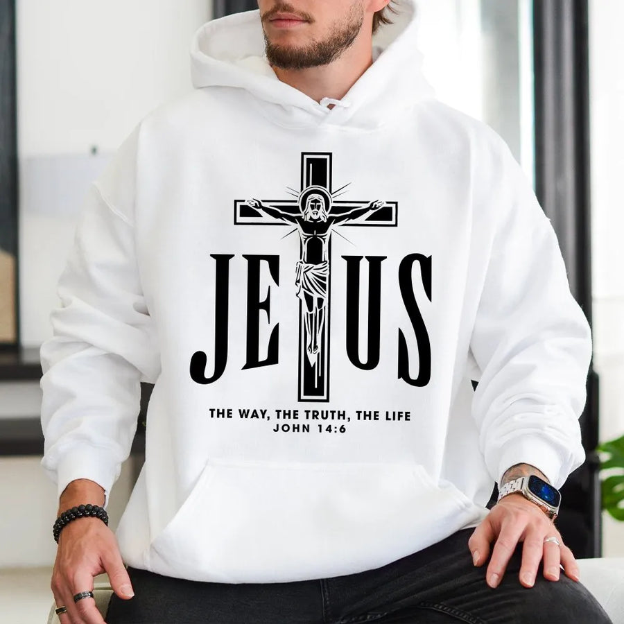 Jesus Cross Hoodie | John 14:6 Bible Verse Graphic | Premium Cotton Blend | Christian Faith Apparel Gift for Men and Women