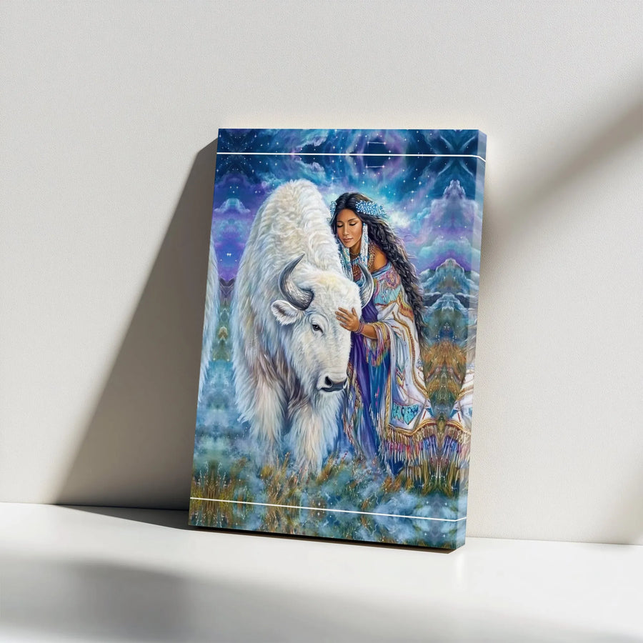 Native American Woman and White Buffalo Canvas | Sacred Spirit Animal Wall Art | Premium Gallery Wrapped Print | Spiritual Home Decor Collector's Gift