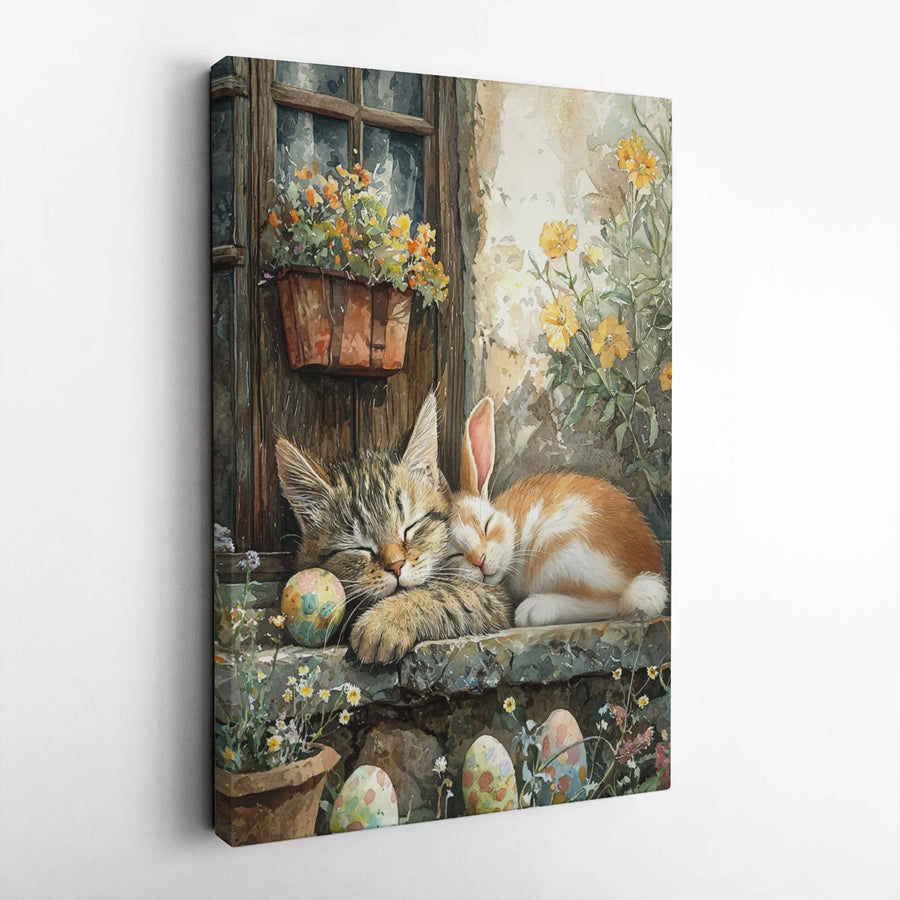 Easter Cat and Bunny Canvas Wall Art | Watercolor Kitten & Rabbit Sleeping Print | Premium Gallery Wrapped Canvas | Spring Home Decor Gift