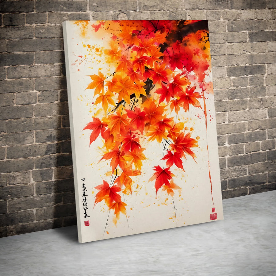 Japanese Maple Canvas Wall Art | Autumn Red Leaf Watercolor Painting | Gallery Wrapped Premium Print | Zen Botanical Home Decor Gift